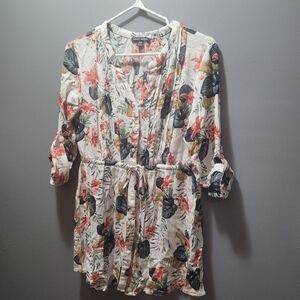 Hilary Radley White Floral Print V Neck Button Up Shirt S